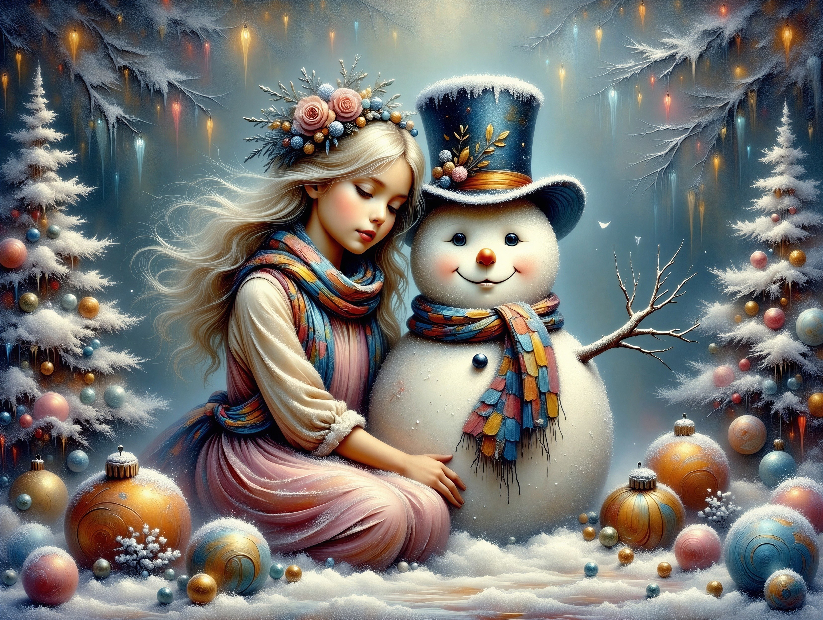 Winter Scene with Girl and Snowman in Snowy Landscape