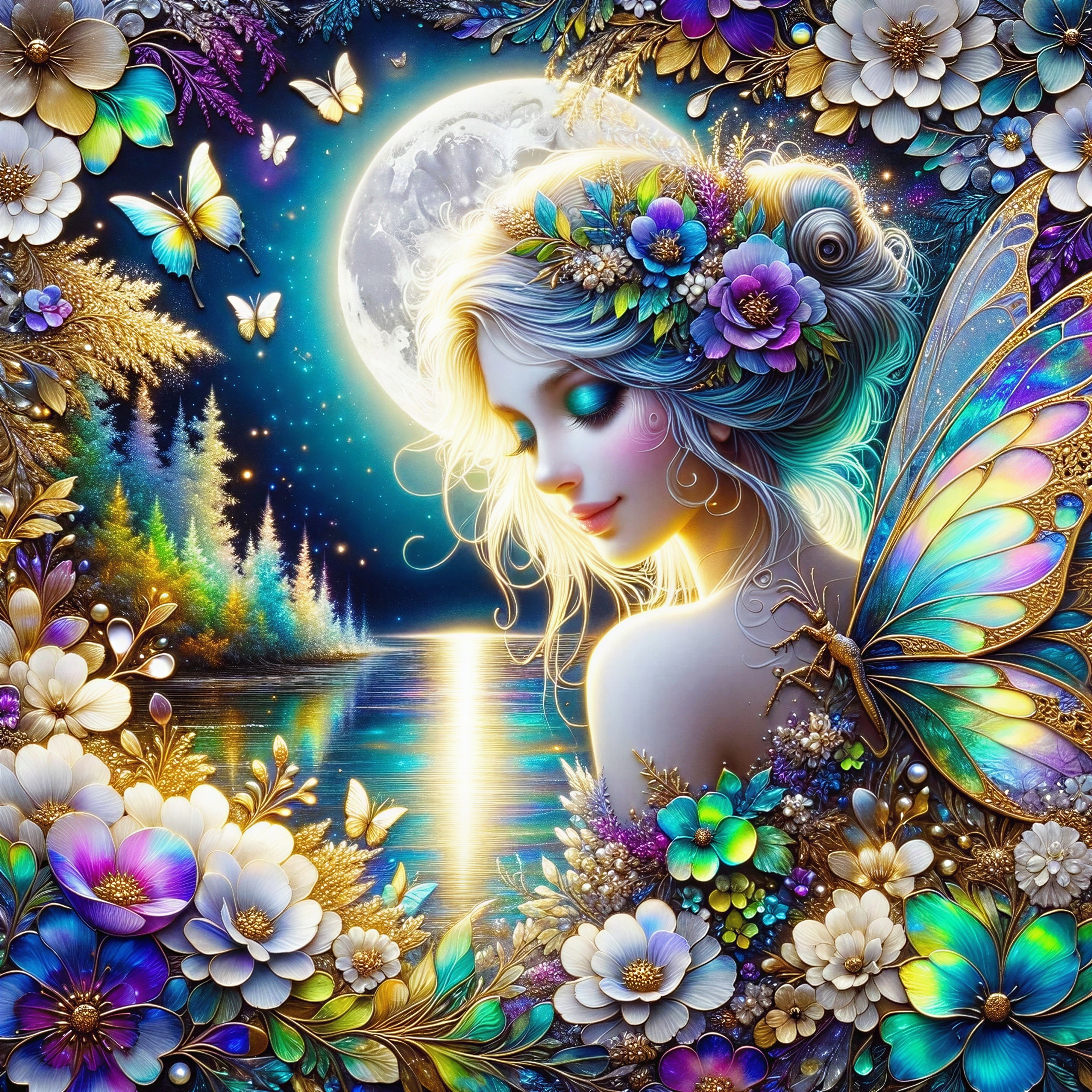 Whimsical Fairy by a Shimmering Lake at Night