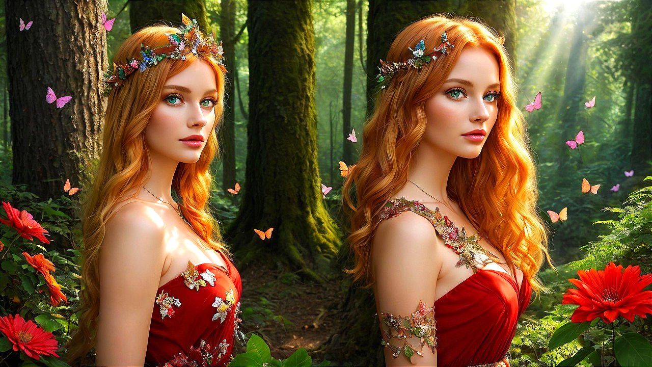 Enchanting Figures in Floral Crowns in a Lush Forest