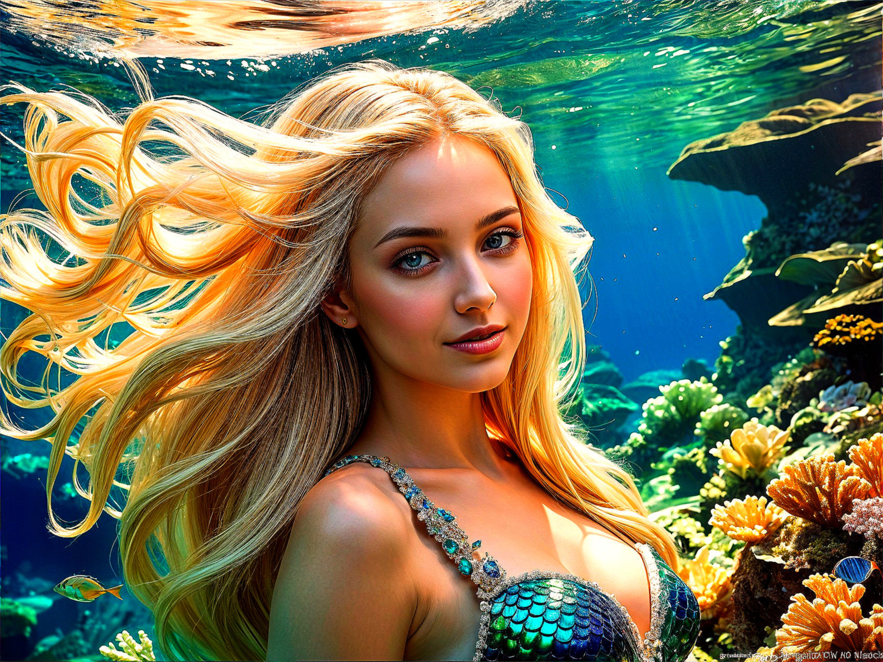 Underwater Scene with Young Woman and Marine Life