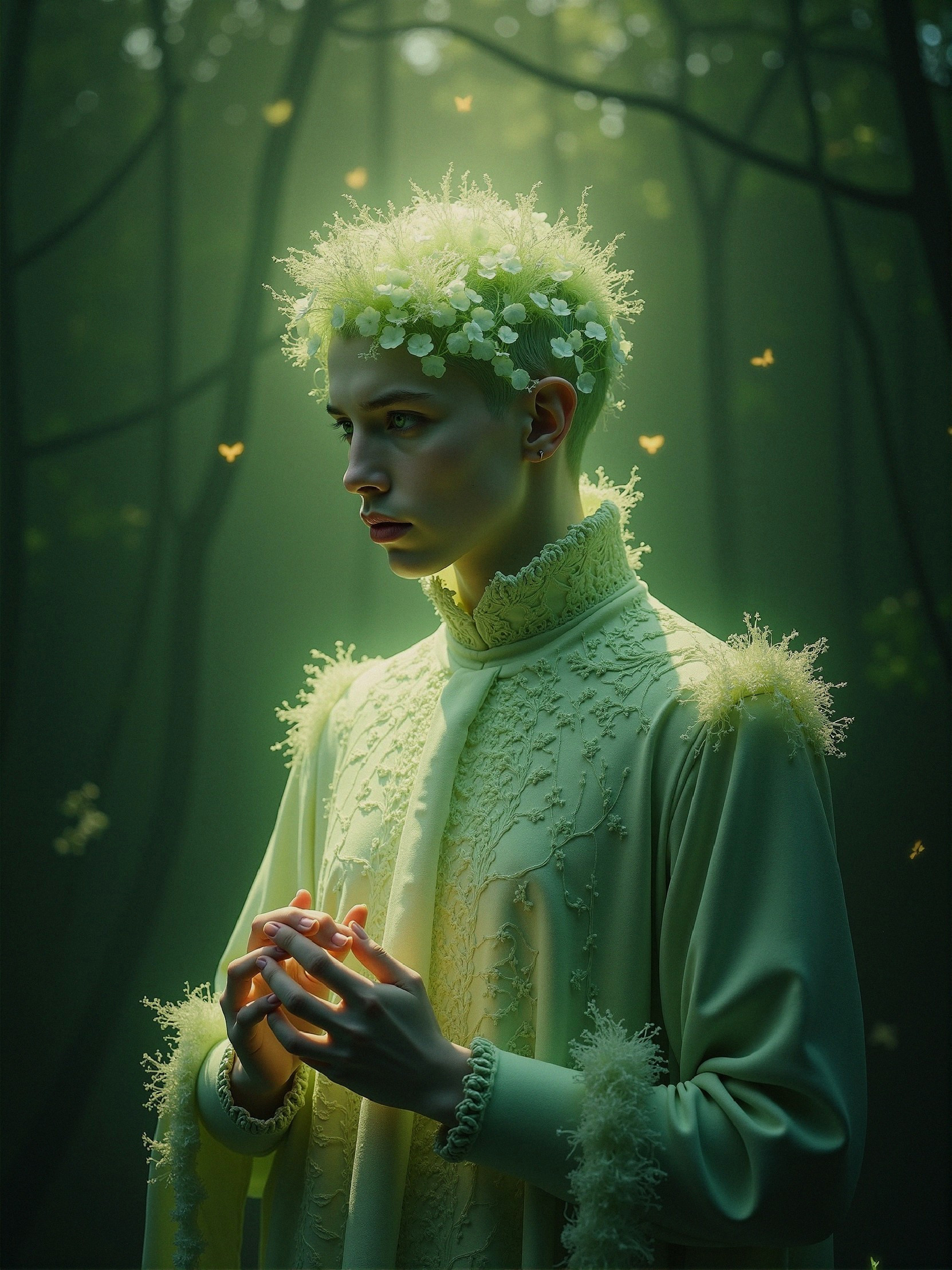 Figure in Serene Forest with Ethereal Light and Flowers