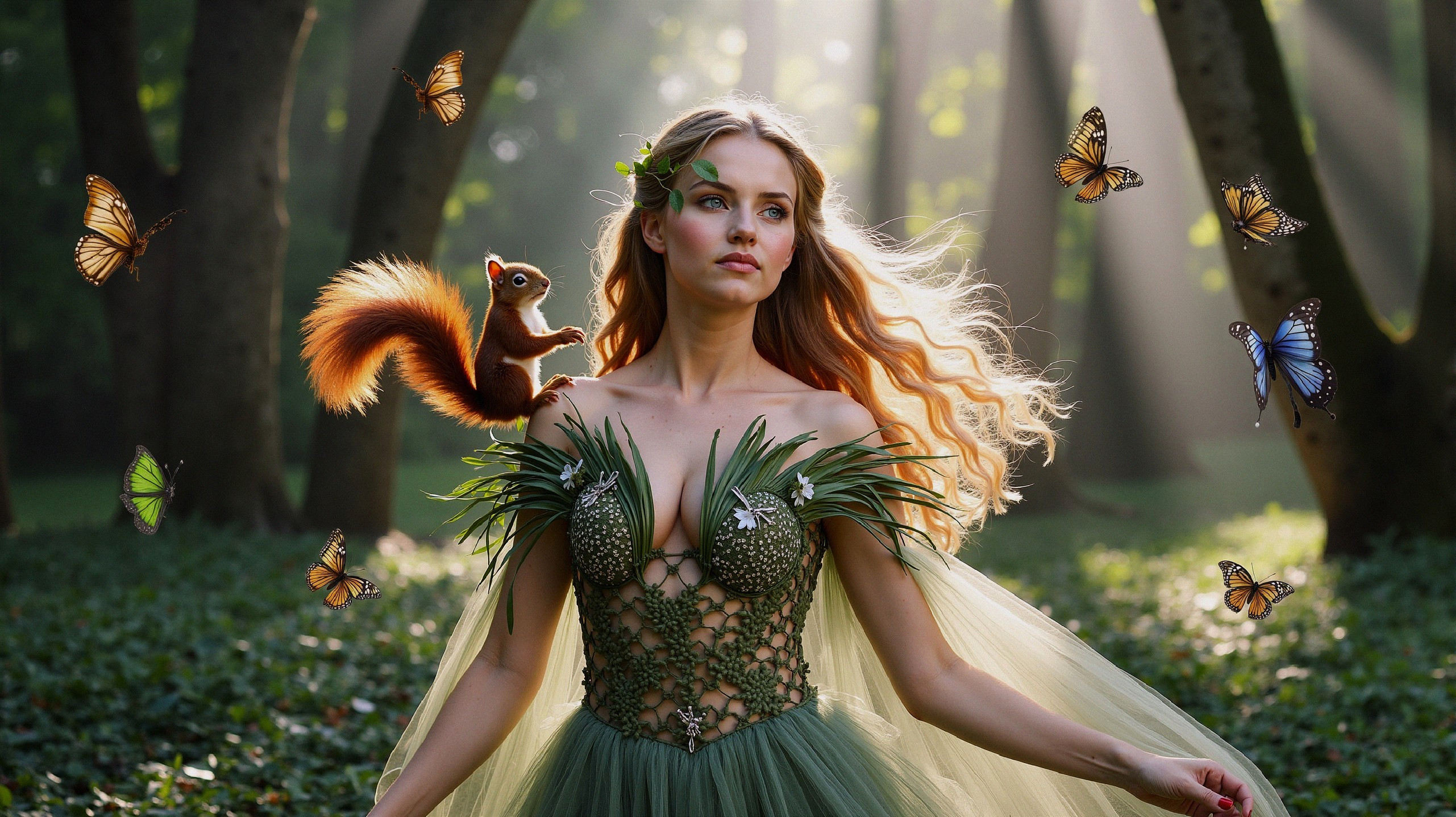 Woman in Enchanted Gown Surrounded by Nature's Beauty