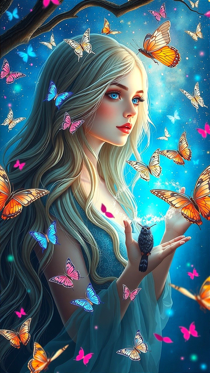 Ethereal woman with butterflies and glowing light