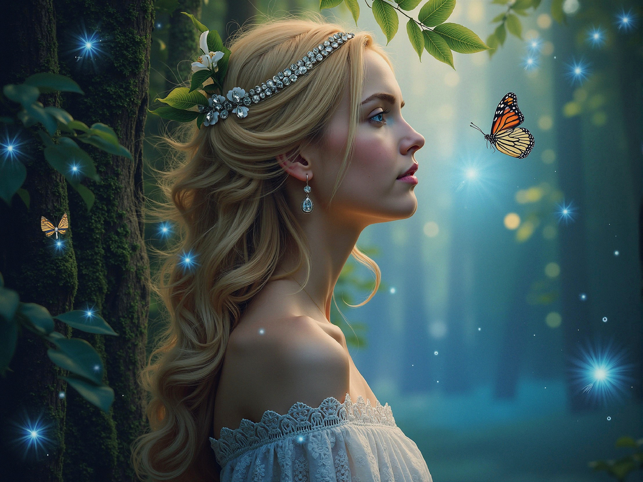 Serene Woman in Mystical Forest with Ethereal Light