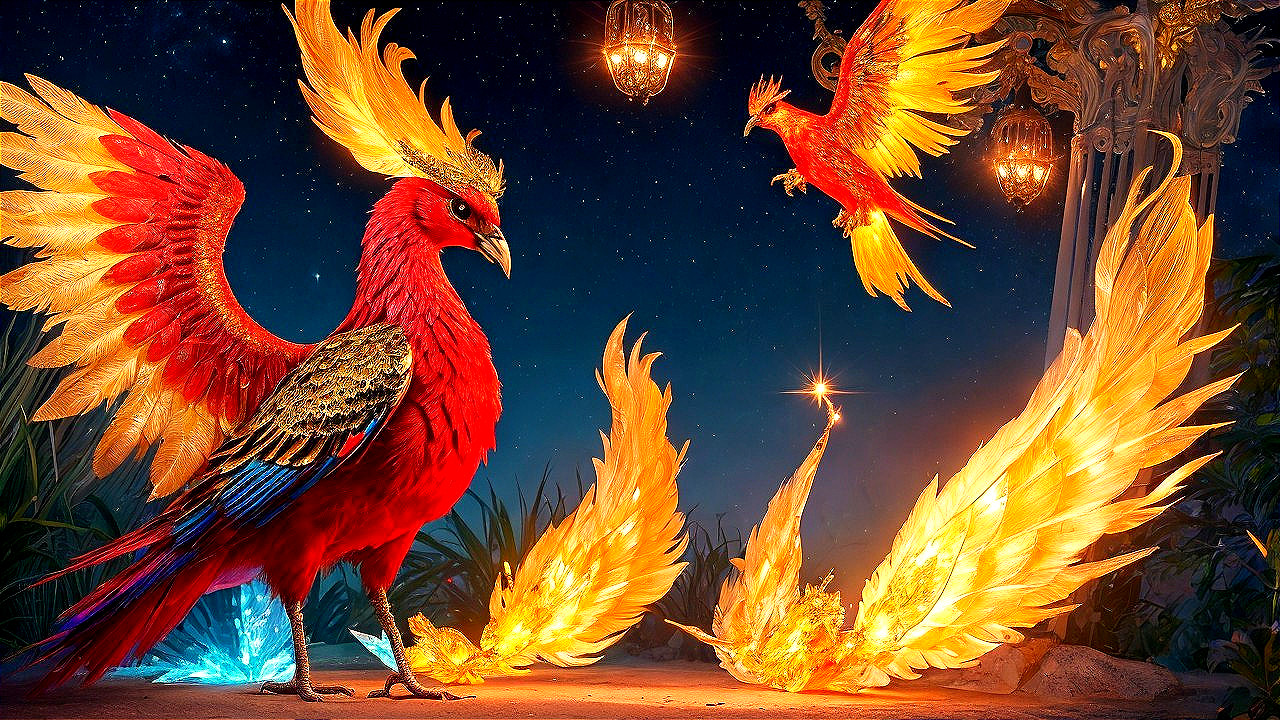 Majestic Birds with Vibrant Plumage in Starry Scene