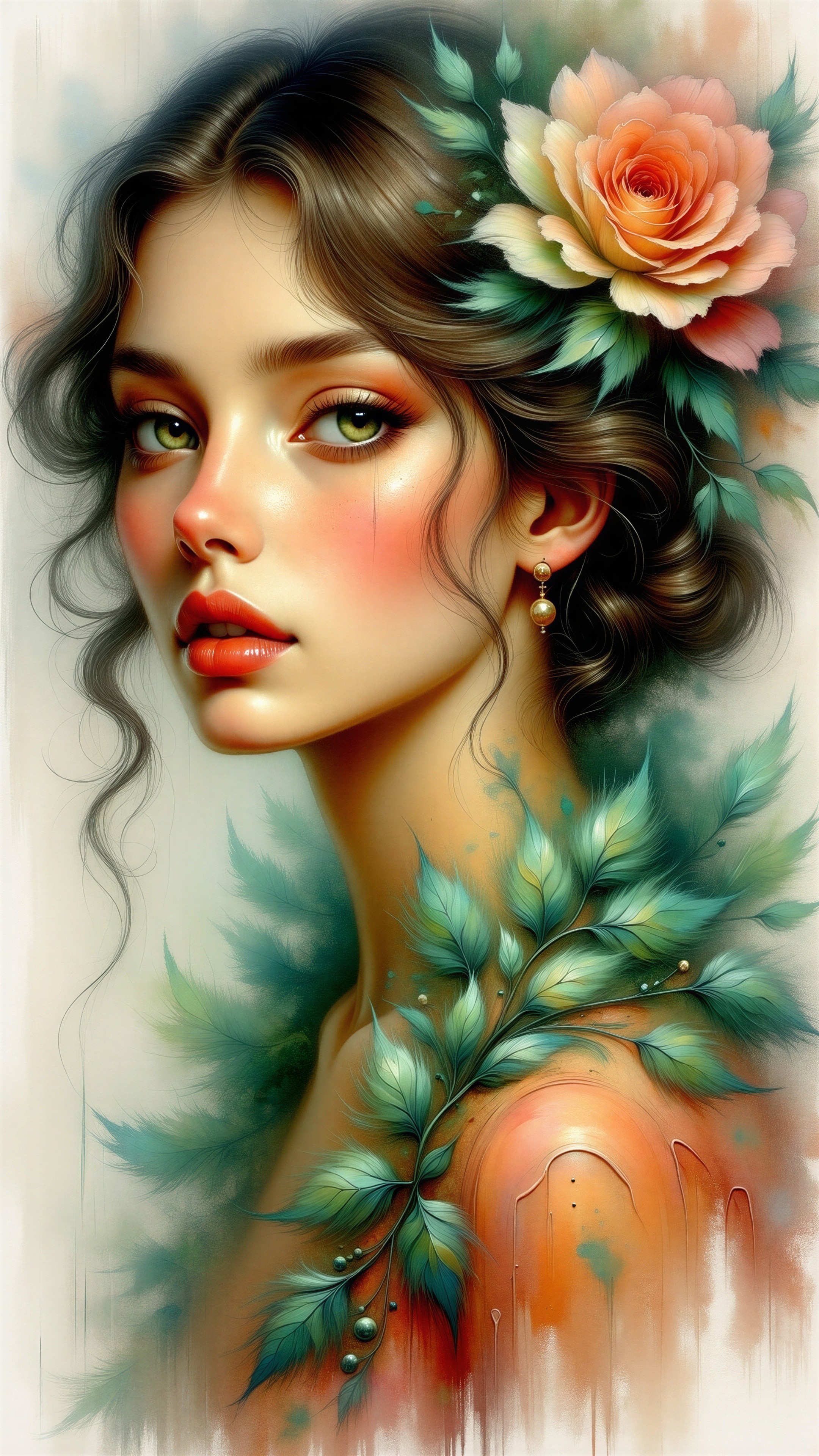 Watercolor Portrait of a Young Woman with Floral Accents