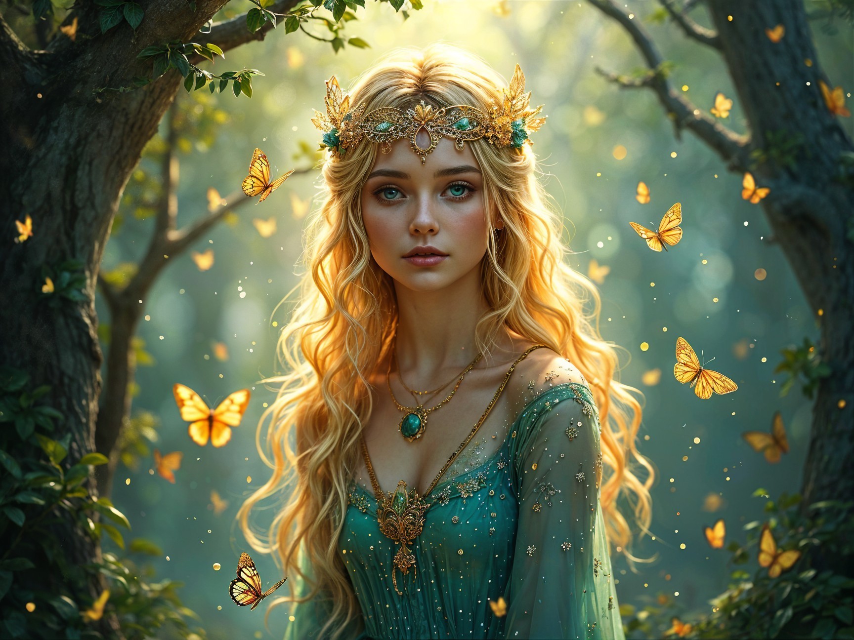 Fairy Tale Scene with Young Woman in Enchanted Forest