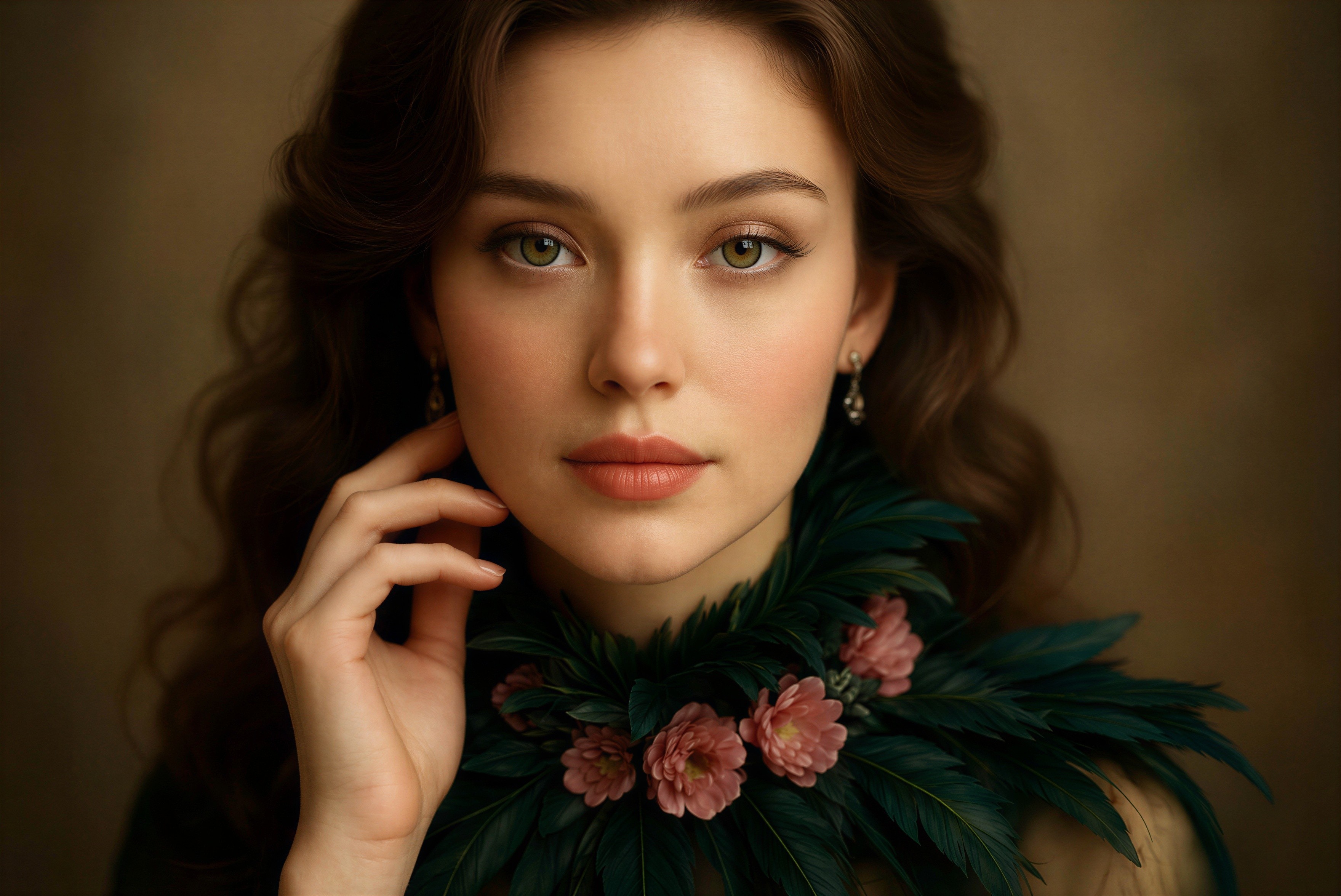 Portrait of a Young Woman with Emerald Eyes and Green Collar