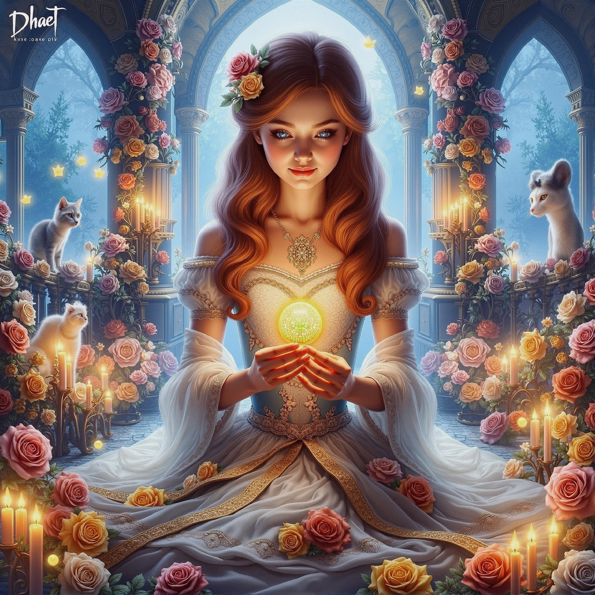 Young woman with glowing orb in mystical garden setting