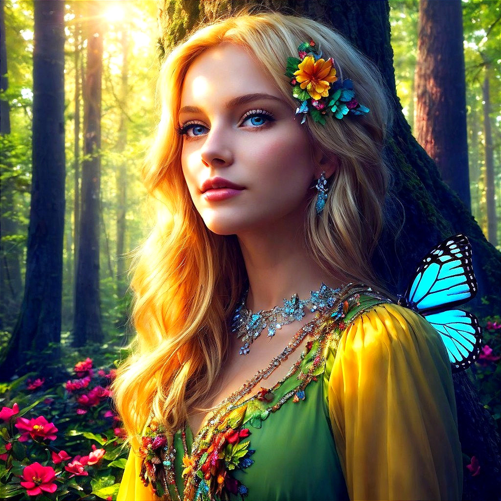 Young Woman in Floral Dress in Sunlit Forest Setting