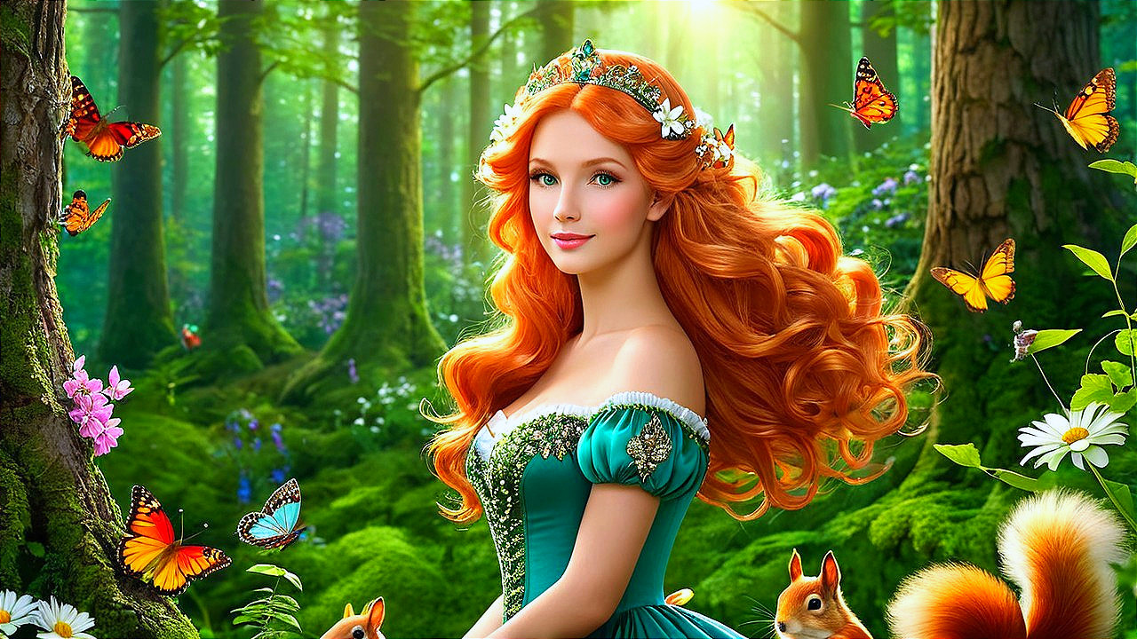 Young woman in green gown in sunlit forest setting