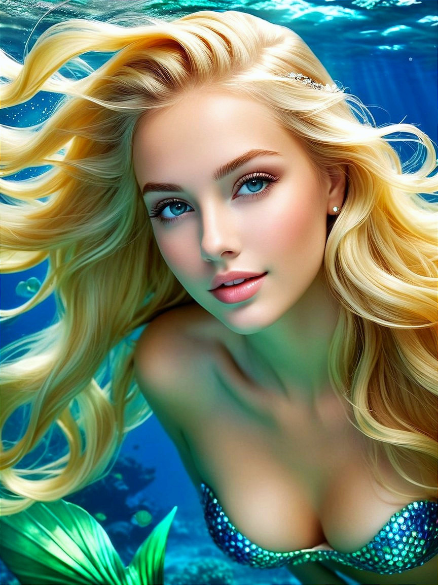 Mermaid with Blonde Hair in Serene Underwater Scene