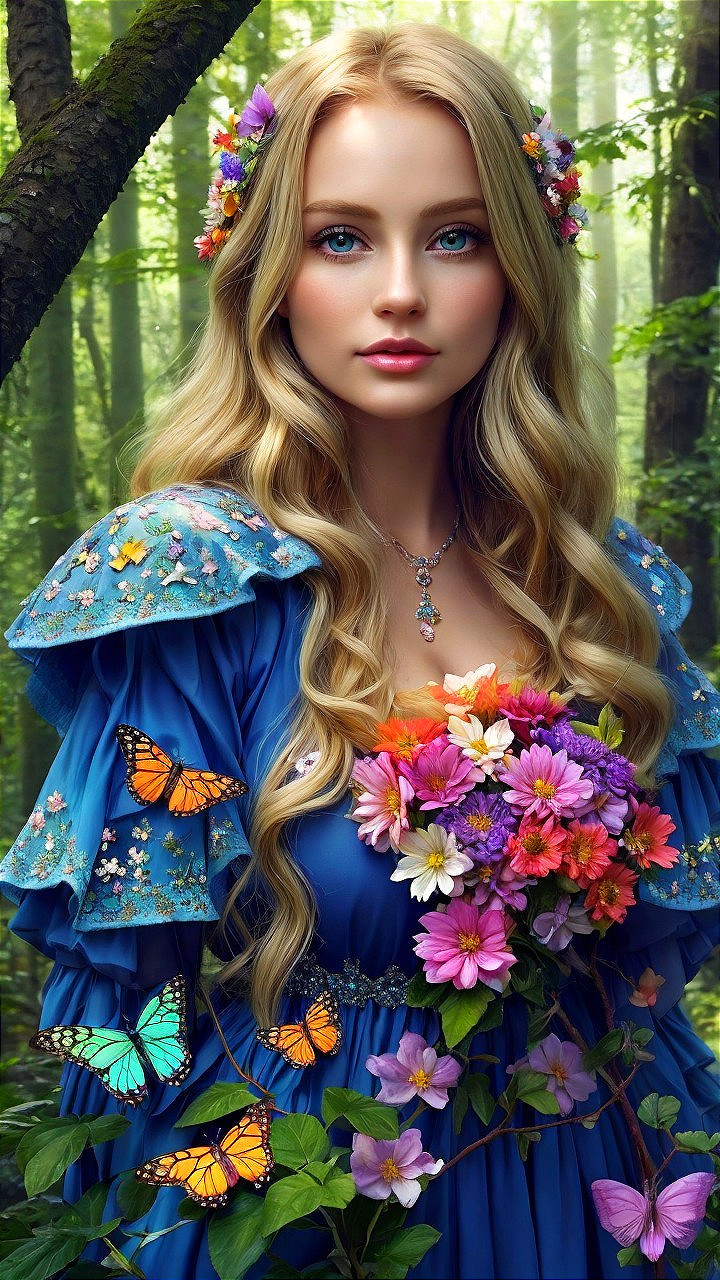 Young woman in blue dress among lush forest and butterflies