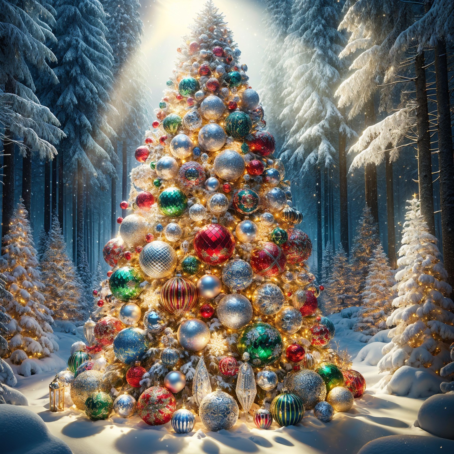 Majestic Christmas Tree in Snowy Forest Setting