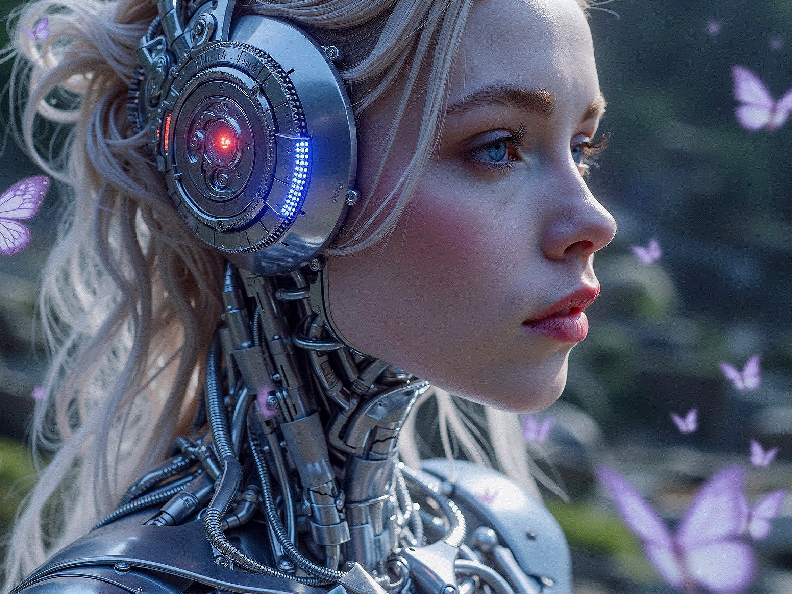 Futuristic Cyborg with Butterflies and Soft Features