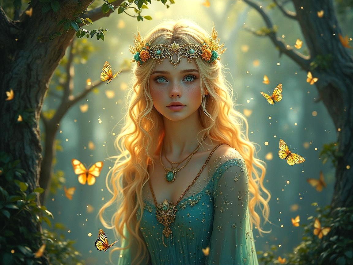 Young Woman in Magical Forest with Glowing Butterflies