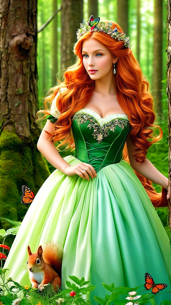 Princess in Enchanted Forest with Squirrel and Butterflies