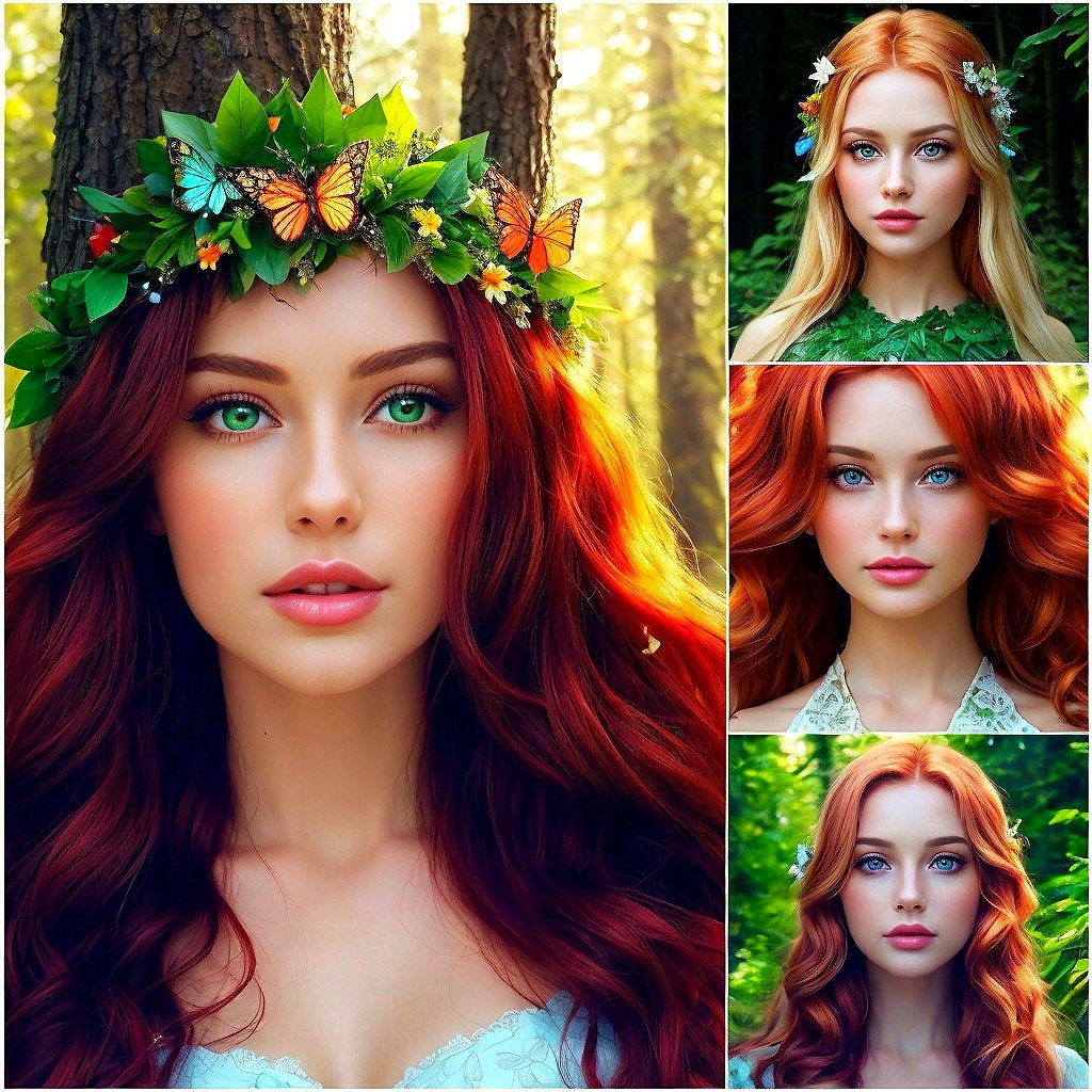 Portraits of Women with Vibrant Hair and Floral Crowns