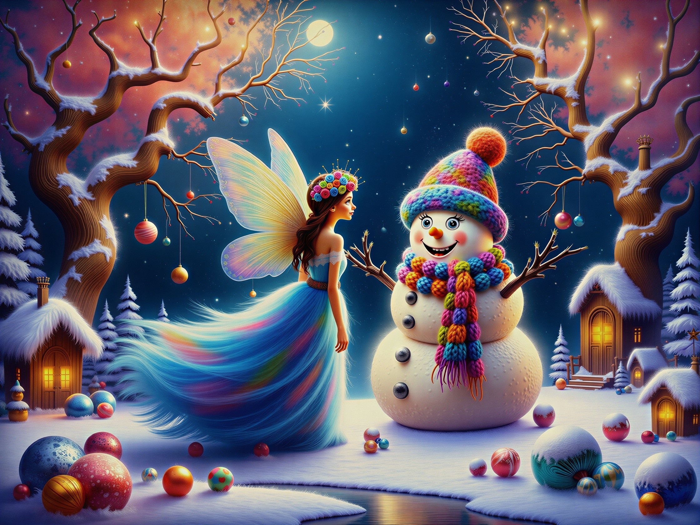 Whimsical Winter Scene with Fairy and Snowman