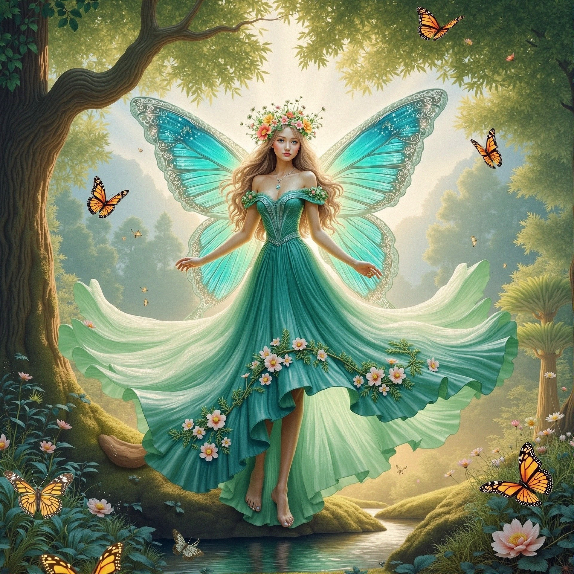 Fairy in a Stream Surrounded by Butterflies and Flowers
