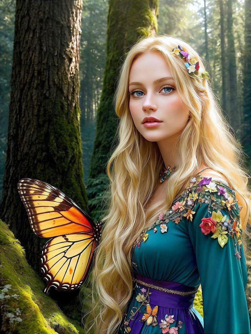 Young woman in floral dress with butterfly in forest