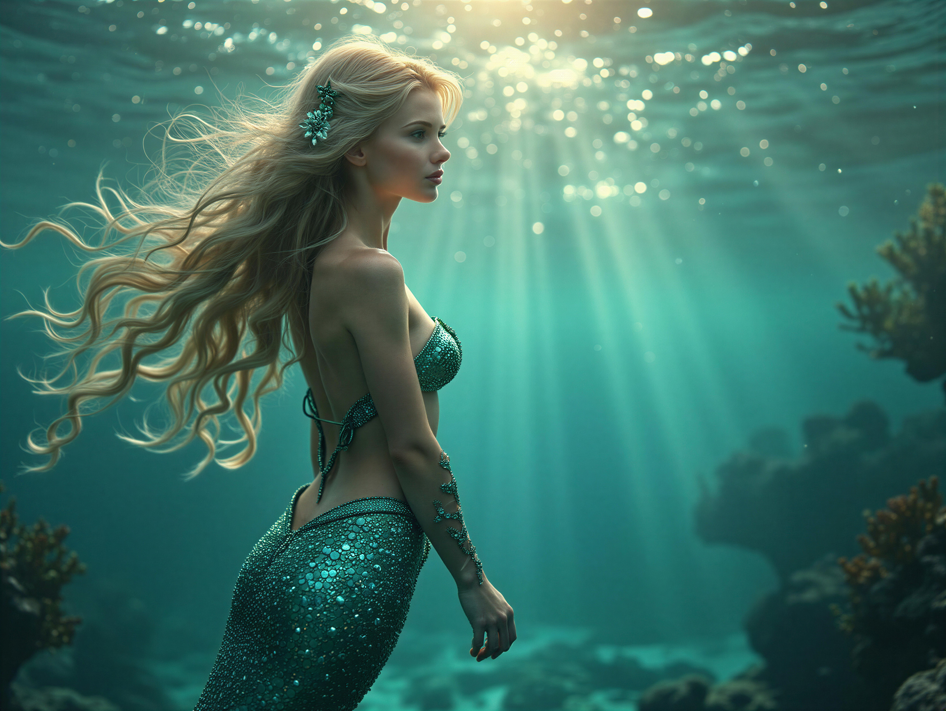 Underwater Scene with Graceful Figure and Coral Formations