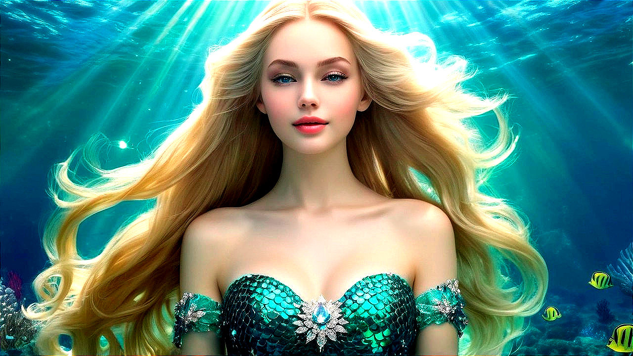 Mermaid in Vibrant Underwater Scene with Fish and Coral