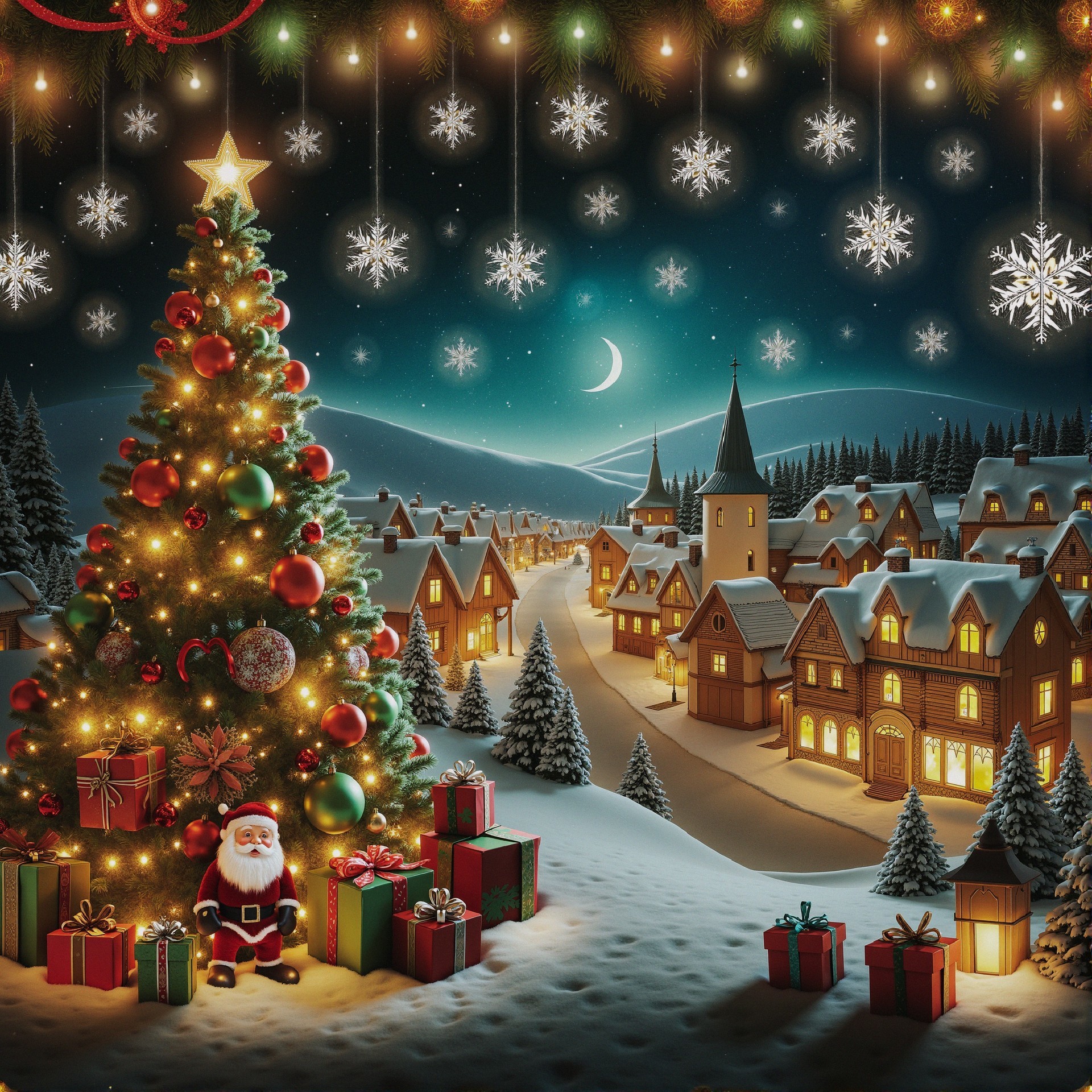Cozy Winter Scene with Christmas Tree and Santa Claus