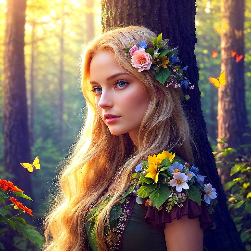 Young woman in a flower-adorned forest setting