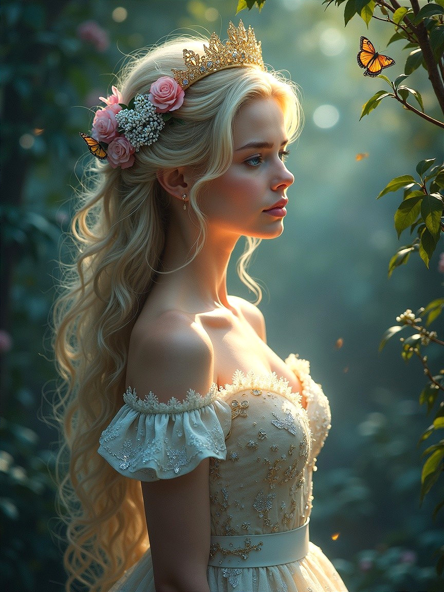 Young woman in off-shoulder gown in a garden
