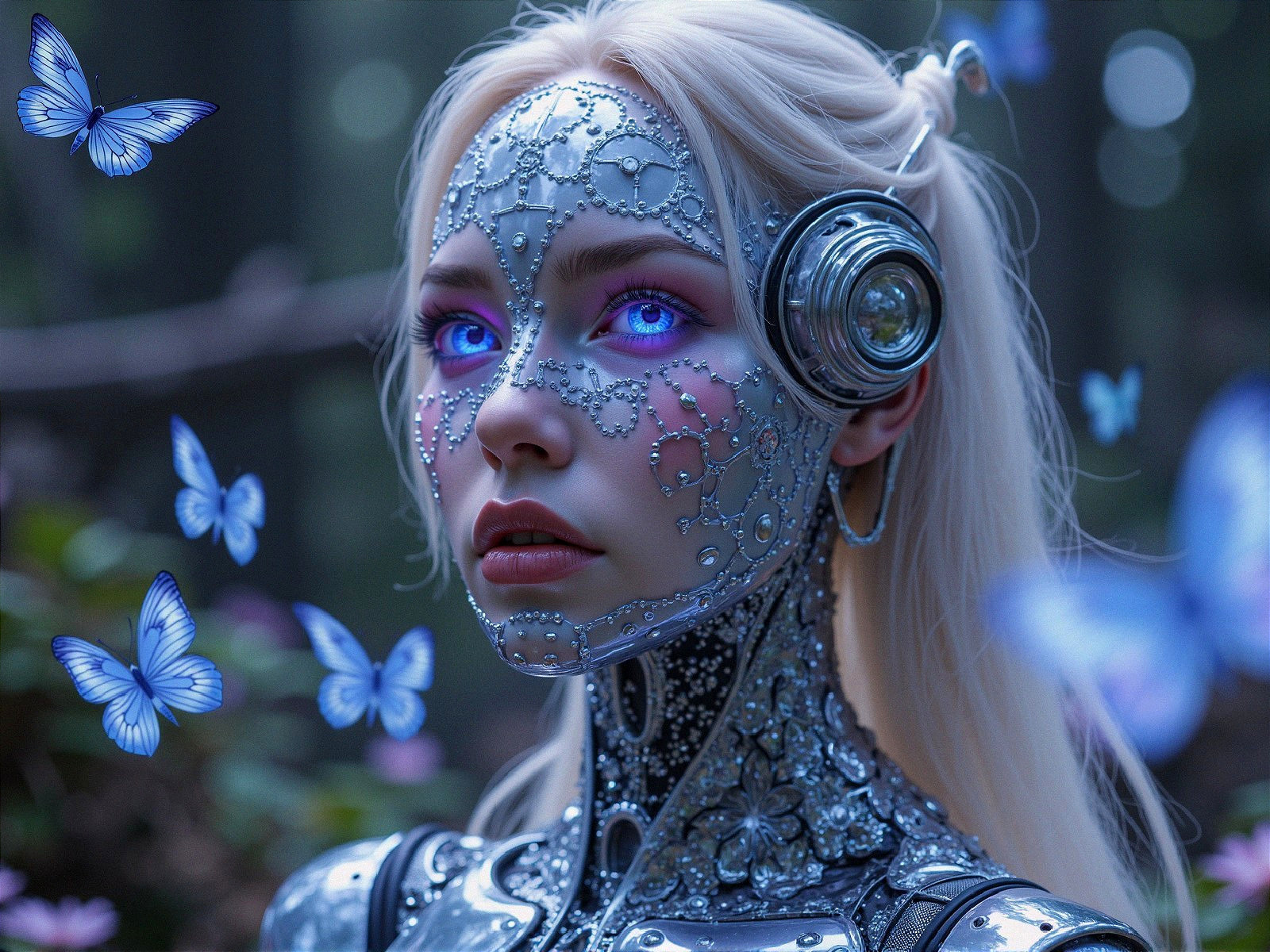 Futuristic figure with metallic designs and glowing eyes