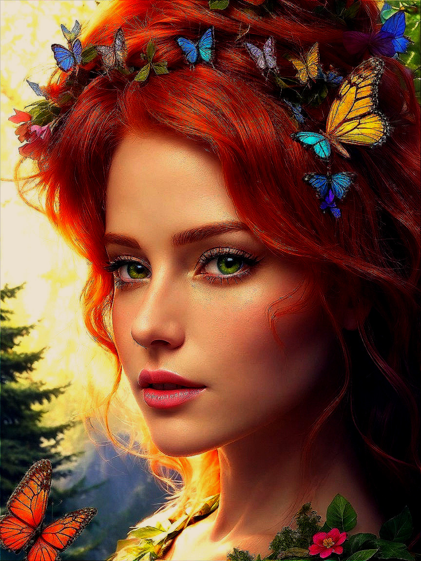 Portrait of a young woman with red hair and butterflies