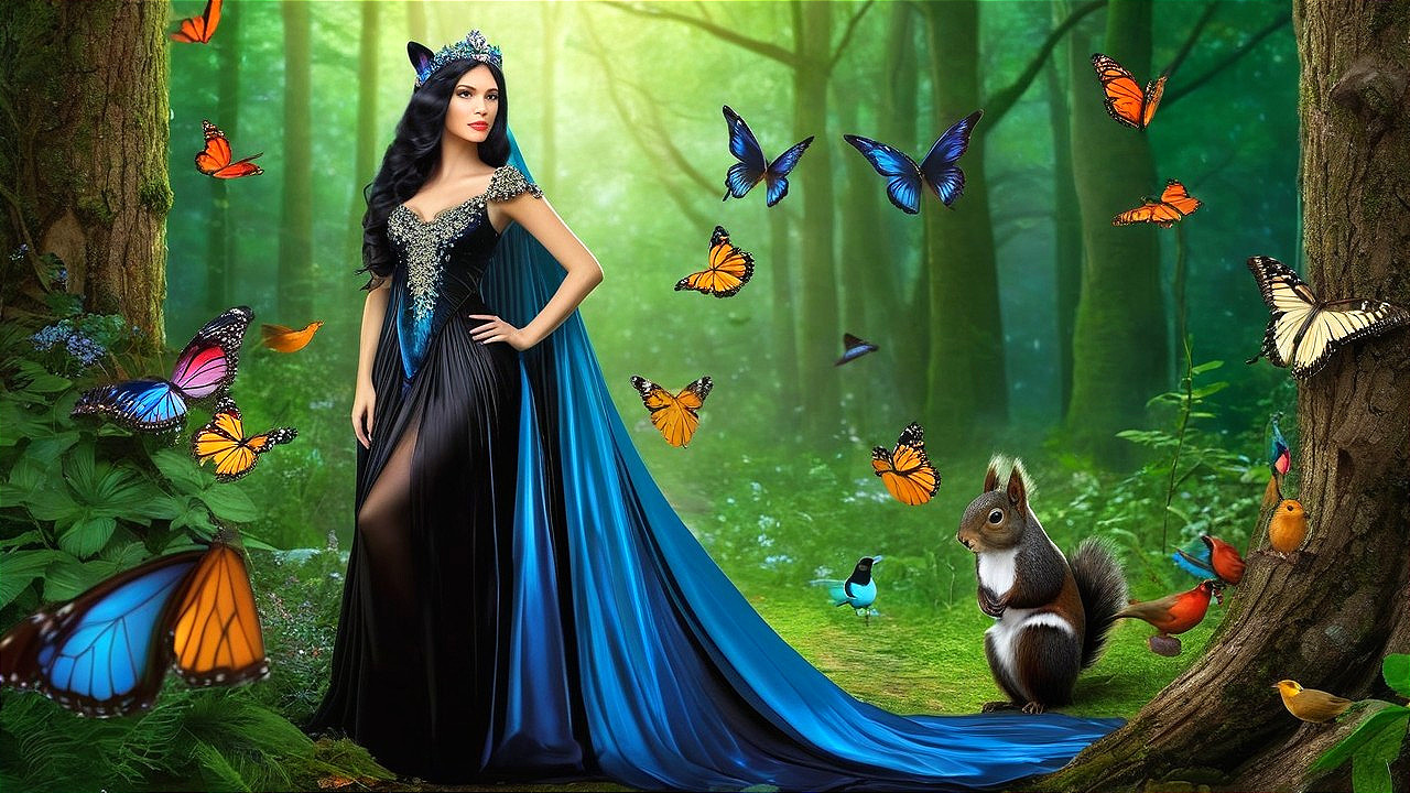 Woman in gown with blue cape in enchanted forest