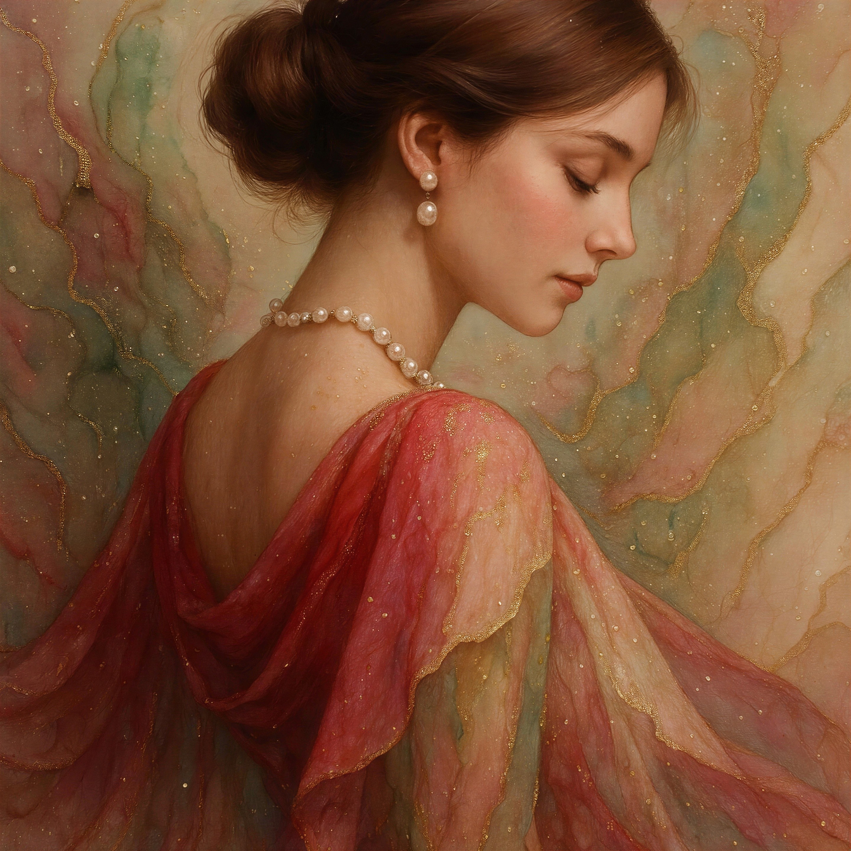 Profile of a Woman in Soft Pink and Gold Fabric