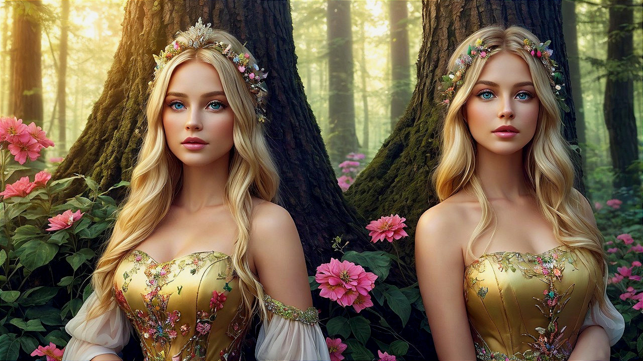 Enchanting Maidens in Golden Dresses in a Forest