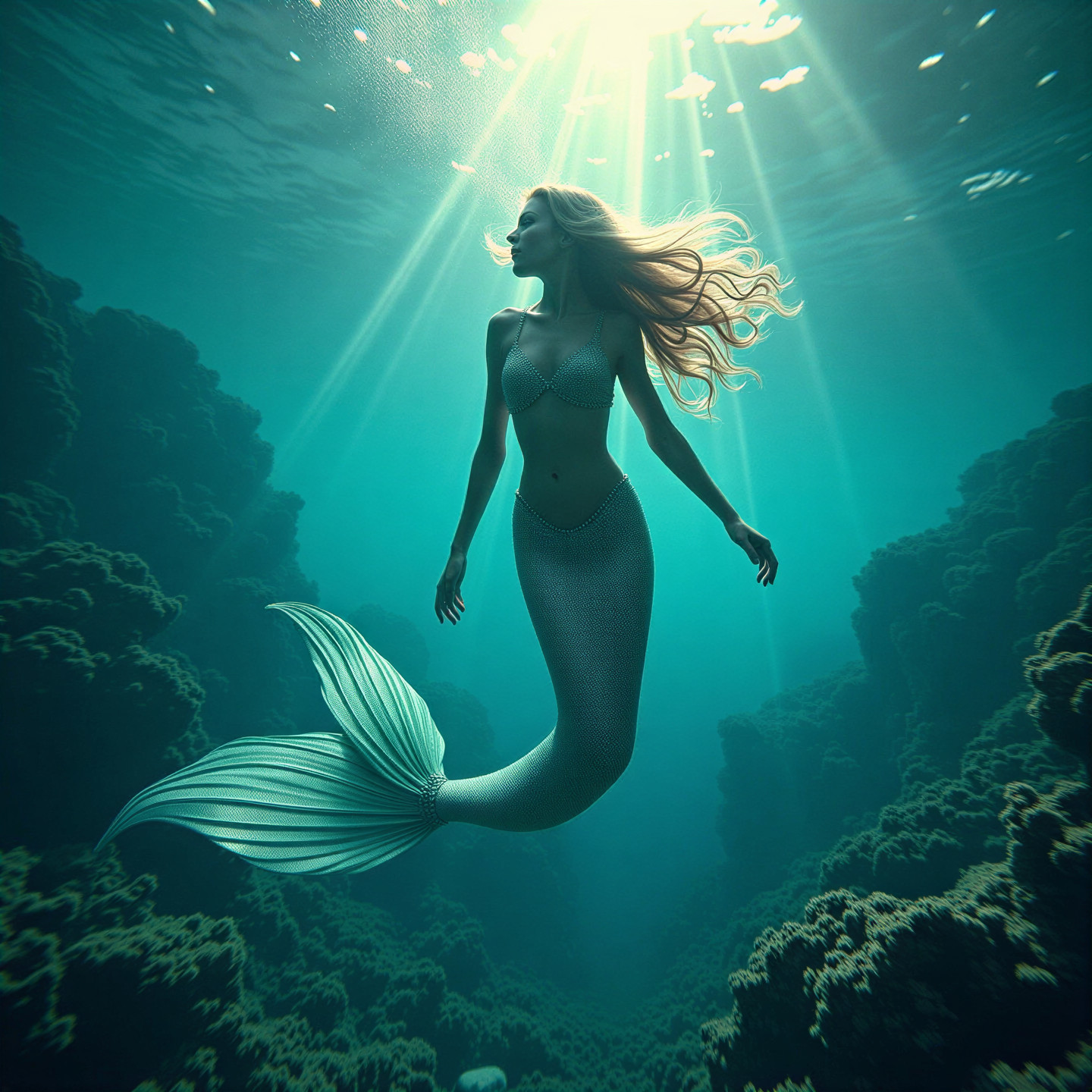 Underwater Scene of Mermaid Among Coral Formations
