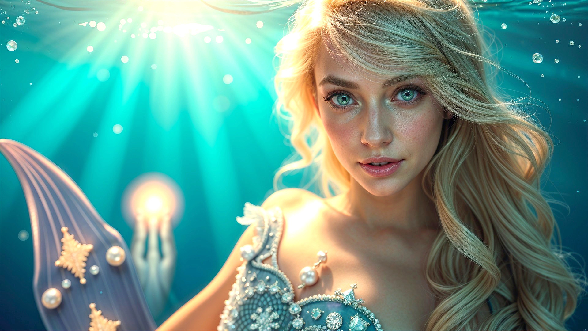 Underwater Scene of a Woman with Blonde Hair and Pearls