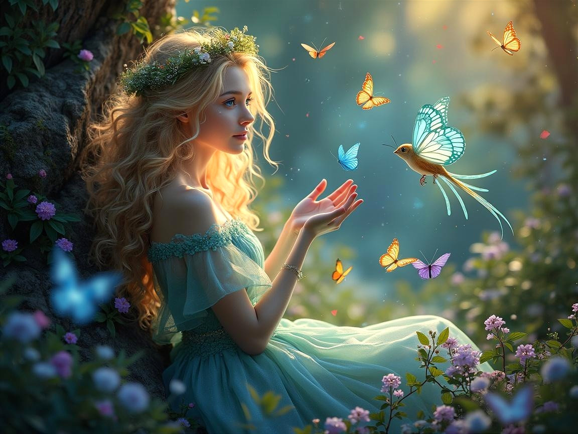 Young Woman in Floral Crown Surrounded by Butterflies