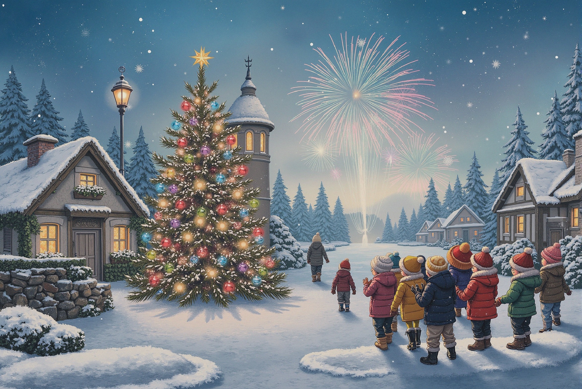 Snowy Village Christmas Scene with Fireworks and Lights
