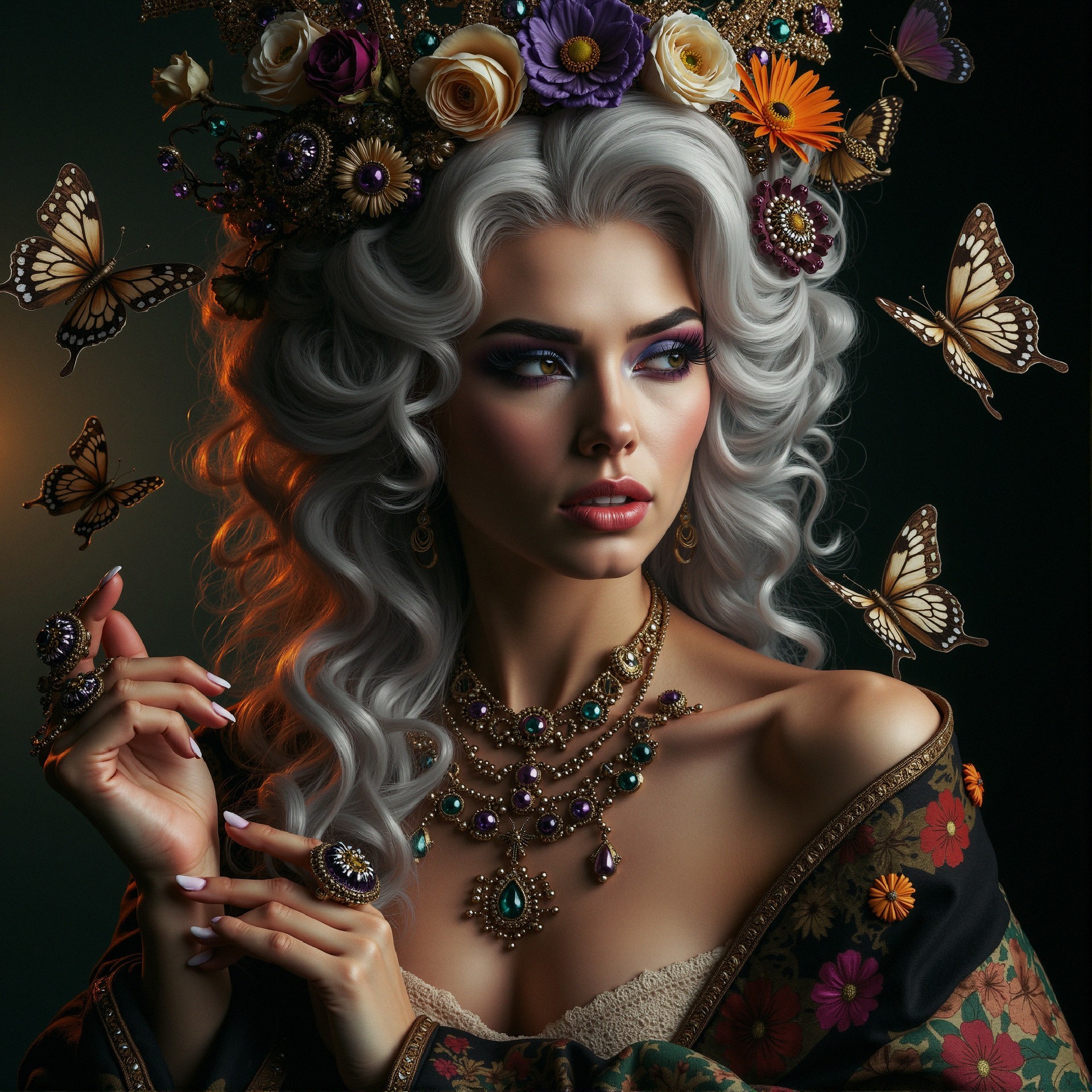 Stunning woman with silver hair and floral crown