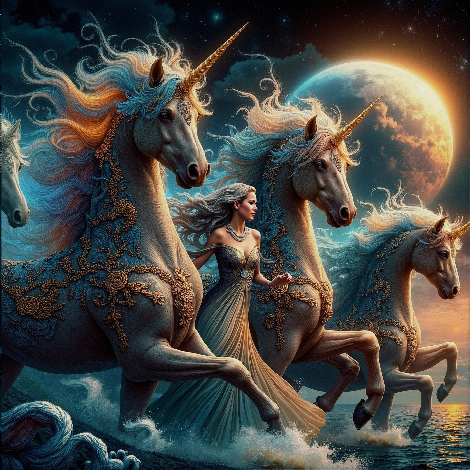 Woman in gown walks with unicorns under moonlight