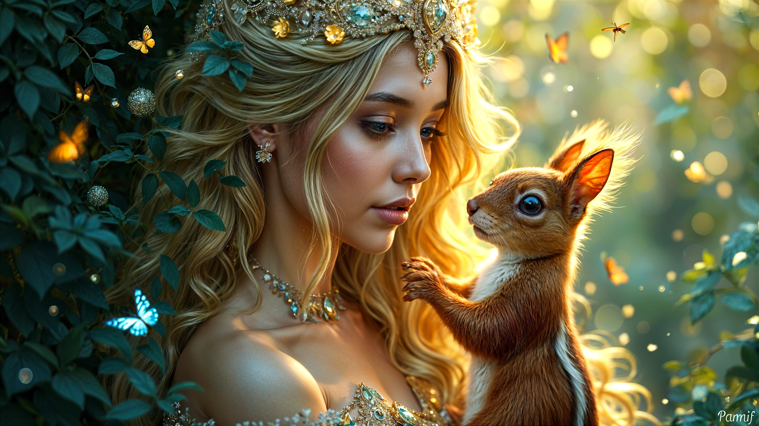 Young woman in a magical forest with a squirrel