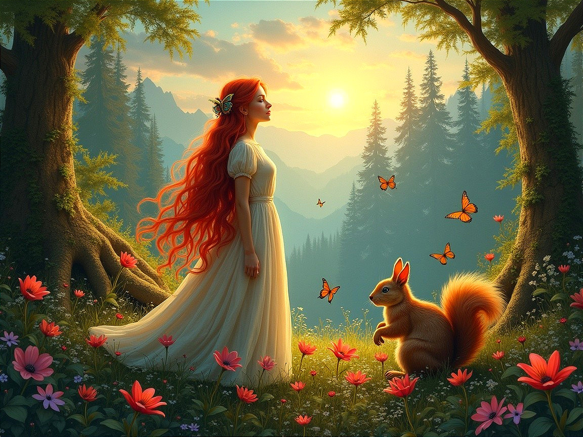 Young Woman in Serene Forest at Sunrise with Nature