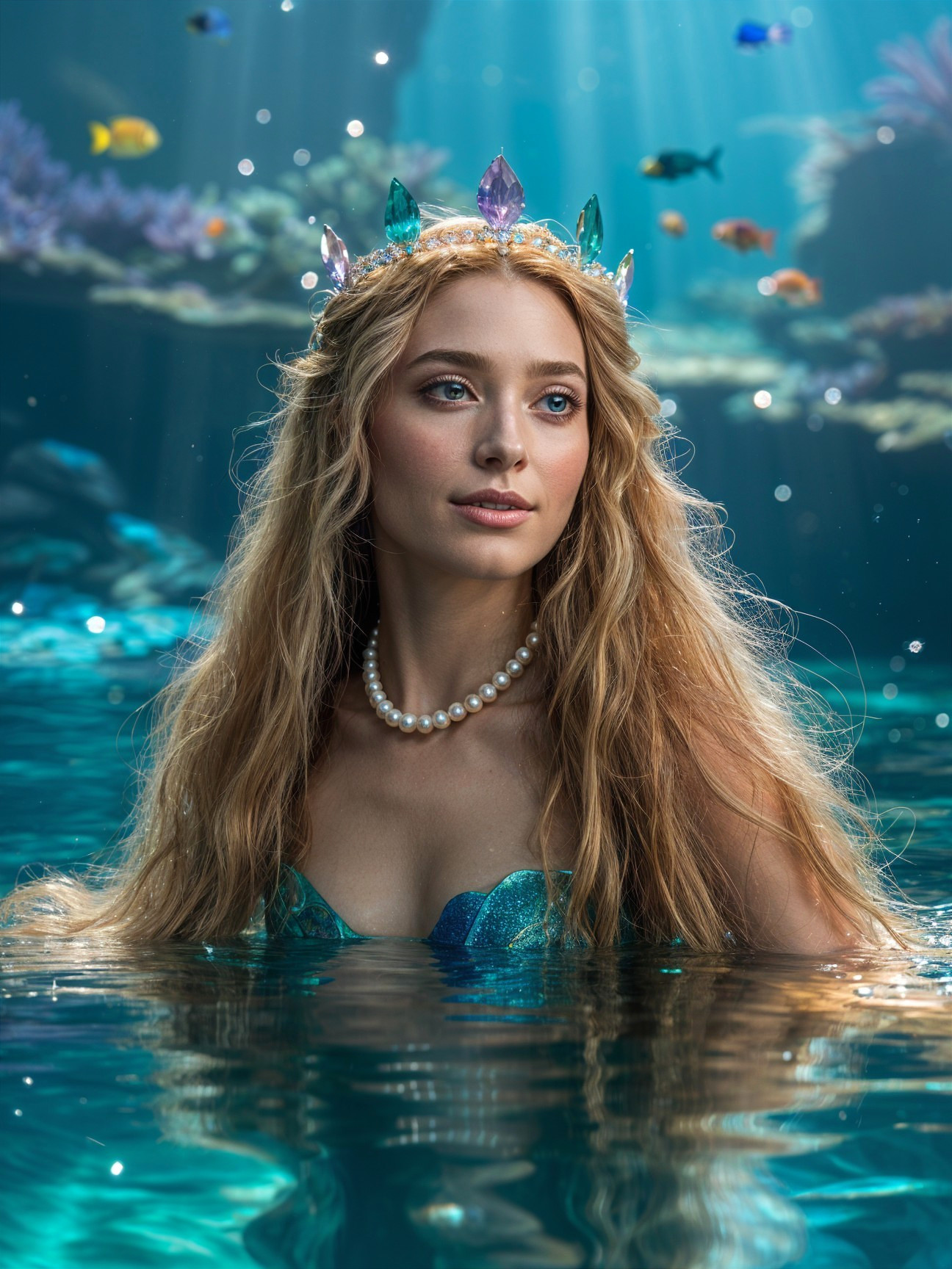 Young woman in water with crown and pearl necklace