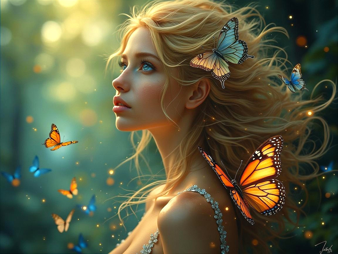 Young woman in a magical forest with butterflies