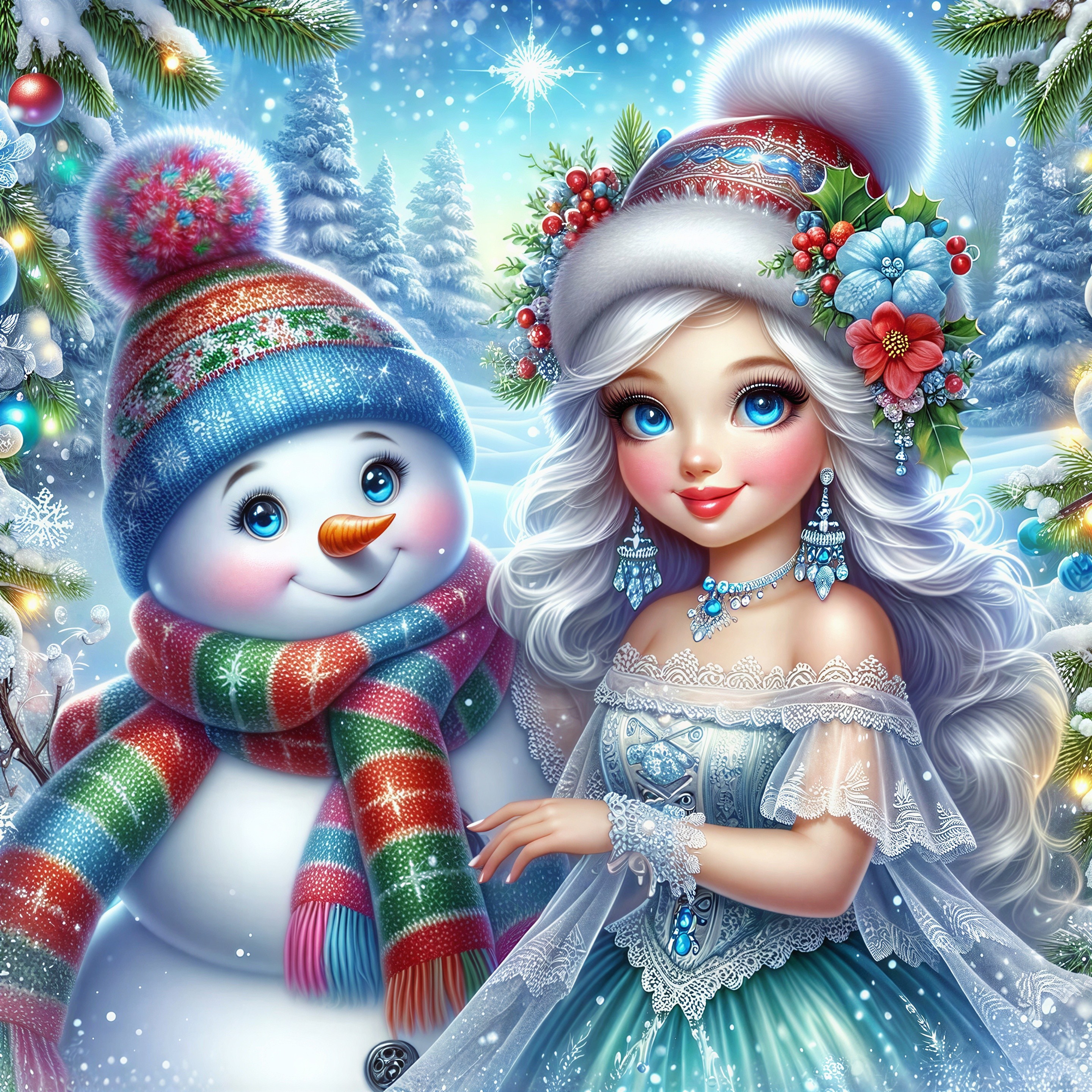 Charming Winter Scene with Girl and Snowman