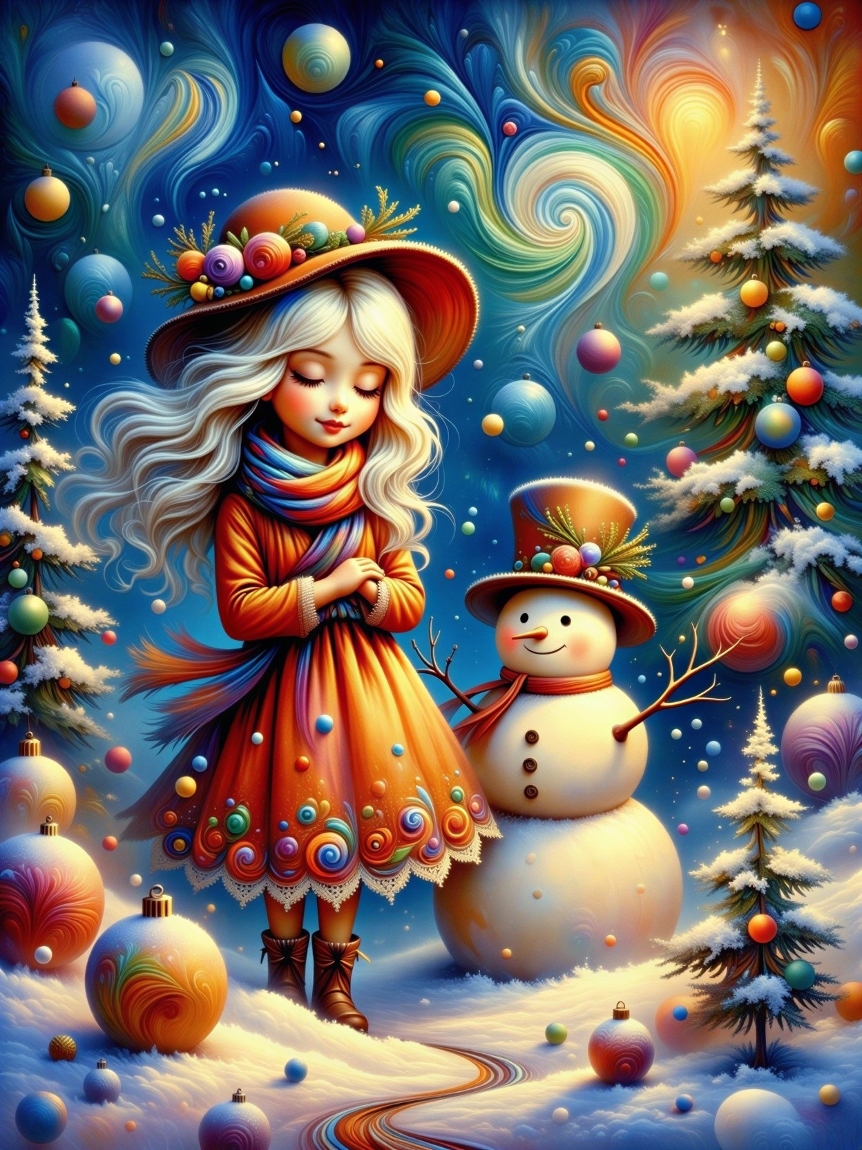 Whimsical Winter Scene with Girl and Snowman