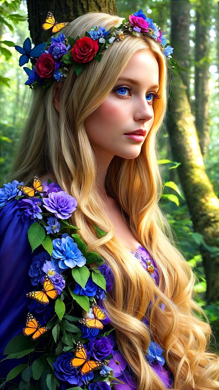 Young Woman in Flower Crown in Lush Forest Setting