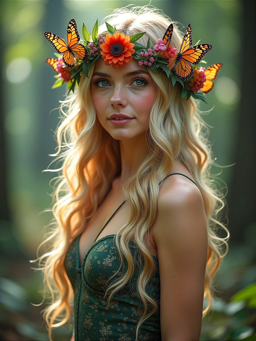 Young woman in floral crown in serene forest setting