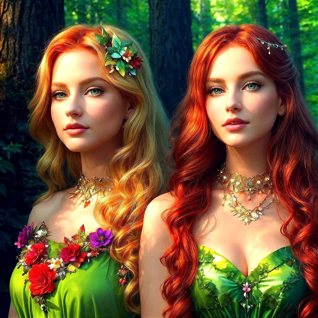 Enchanting Women in Vibrant Green Dresses in Forest